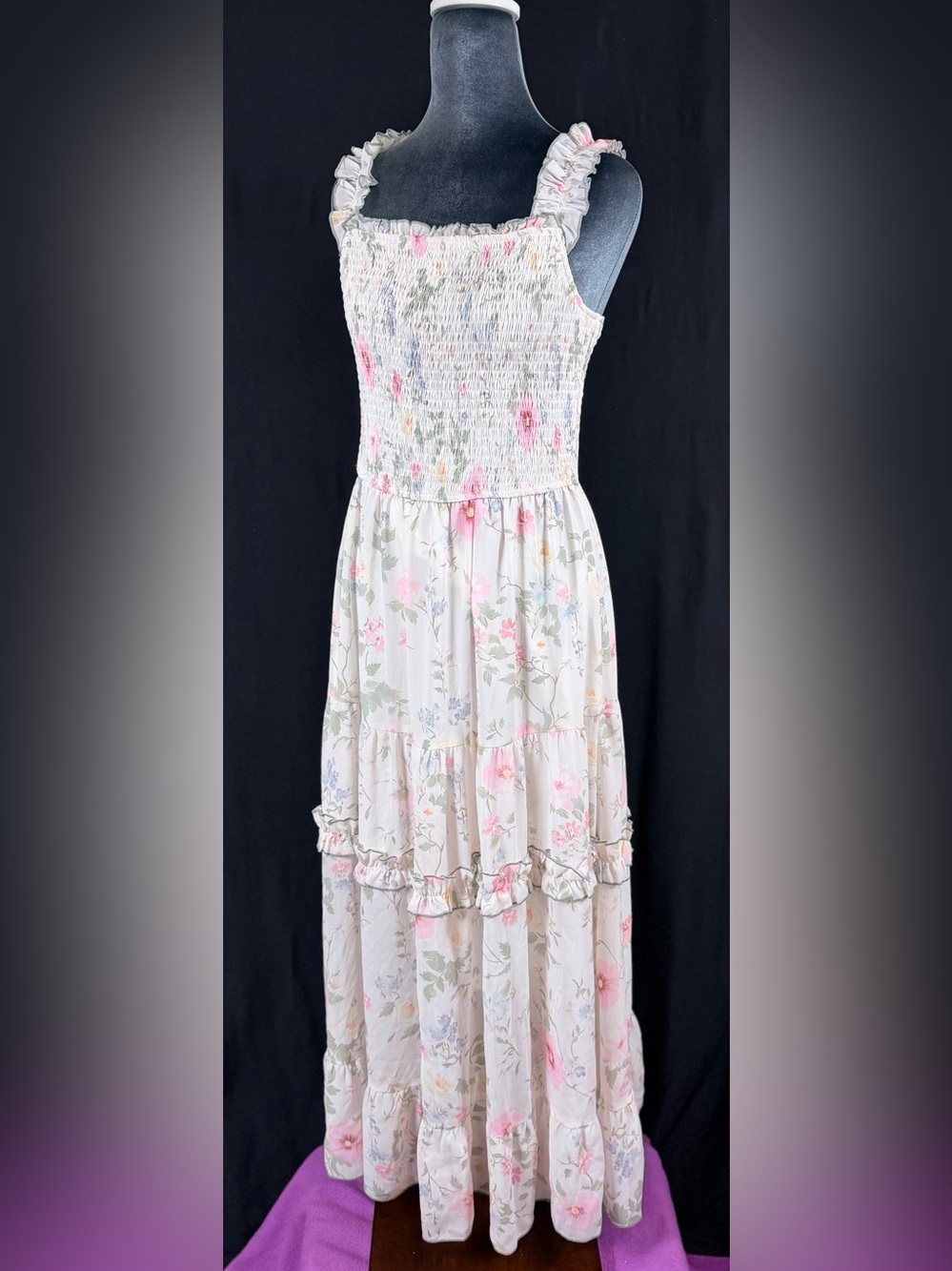 Scarlet Darkness Smocked White Floral Maxi Dress with Pink and Green Accents